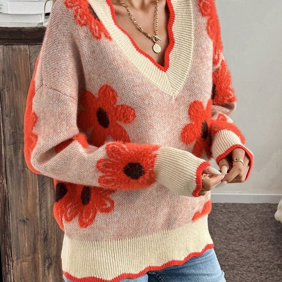 Multicolor Casual Women's 3d Floral & Cute Long Sleeve Warm Sweater - Picture 5 of 7